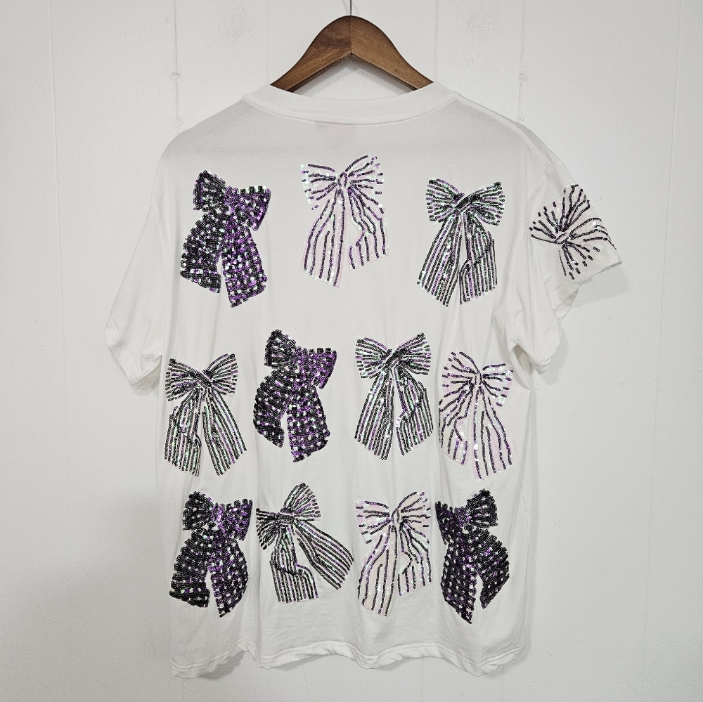 QUEEN OF SPARKLES White Short Sleeve Tee with Purple Sequin Bows - Picture 7 of 9
